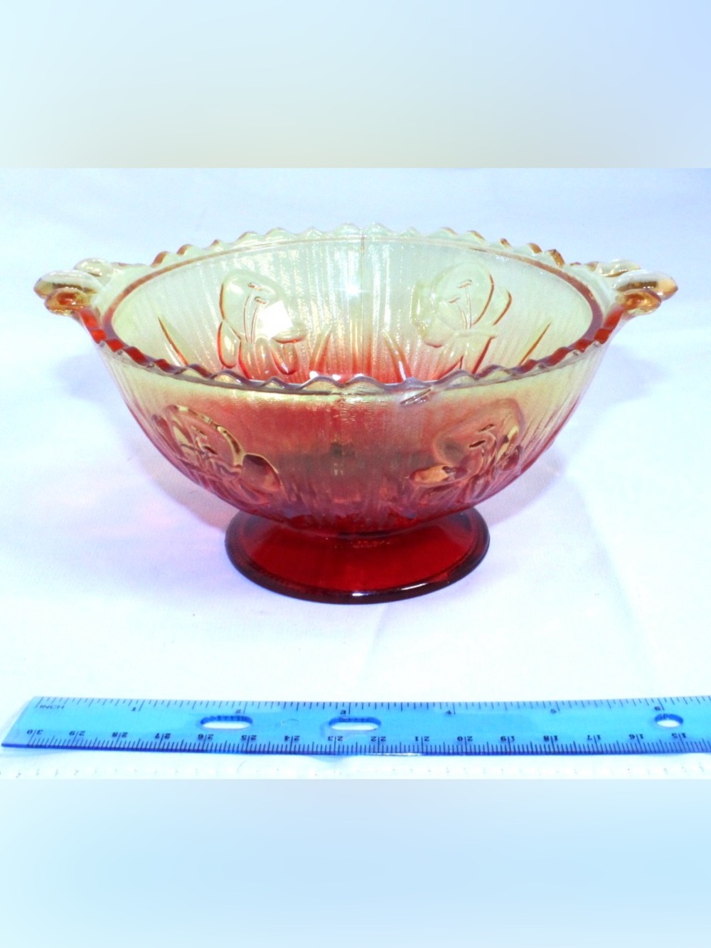 Vintage Iris and Herringbone pattern Amberina Pedestal Candy Bowl *chip*